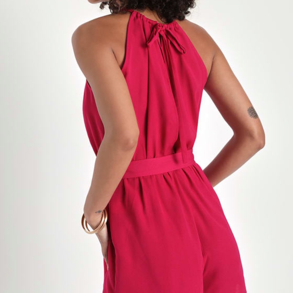 Lulus Magenta Tie Back Faux Wrap Skort Romper